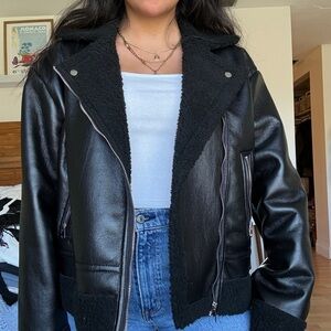 Black Faux Leather Sherpa Biker Jacket - Women's